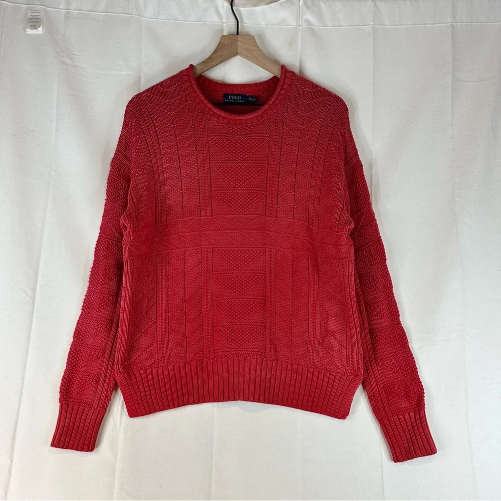 POLO RALPH LAUREN Men’s Size M Sweater Crew Neck Cotton Pullover Red Cable Knit